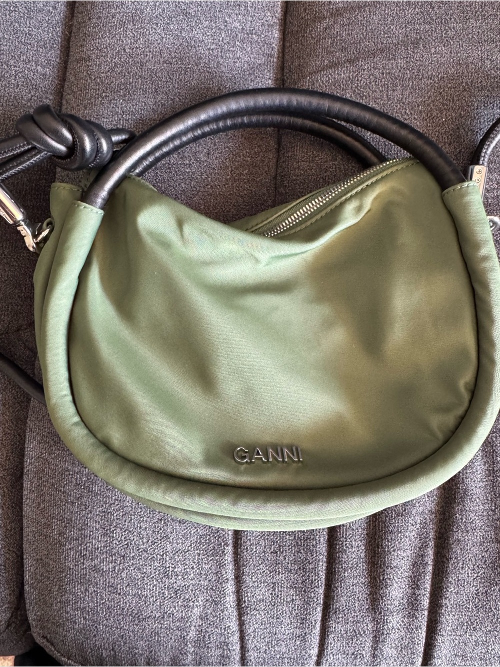 Ganni Olive Crescent Shoulder Bag with Black Handles
